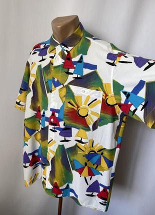 Luigi рубашка тенниска гавайка пляжная абстракция винтаж купро вискоза короткий рукав белая разноцветна яркая