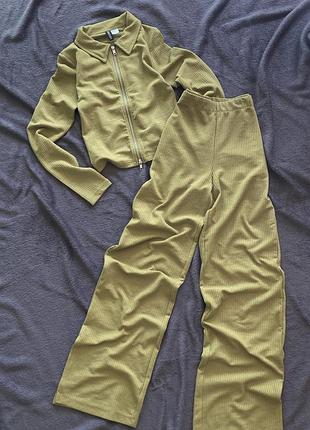 Костюм прогулочный h&m в рубчик лонгслив на молнии рубашка брюки штаны клёш расклешенные п...