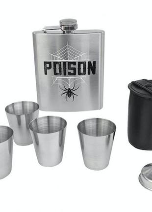 Фляга металлическая poison в наборе с рюмками.