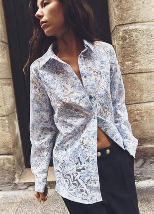 Сорочка жіноча zara printed devore shirt blue \ white
