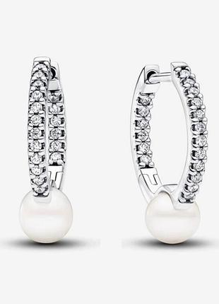 Серебрянные серьги пандора паве и жемчуг pandora