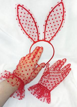 Набір "грайлива зайка" red - рукавички та вушка зайки на обручі 🖤