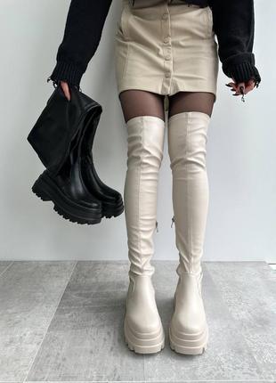 Ботфорты черные на высокой платформе демисезонные кожаные на флисе