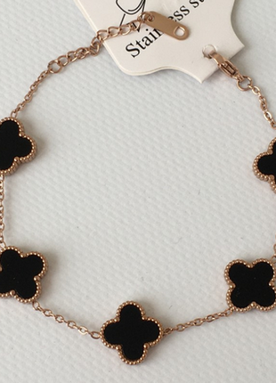 Браслет чорний конюшина, позолочений, у стилі ван кліф, медсталь, позолота,
