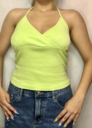 Короткий винтажный салатовый топ с завязкой на шею y2k vintage