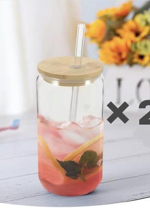 Набір 2 стакани з трубочкою і бамбуковою кришкою