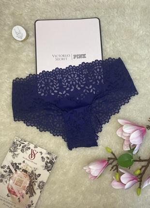 Трусики бикини victoria's secret кружевные с волнистым верхом темно синие  виктория сикрет