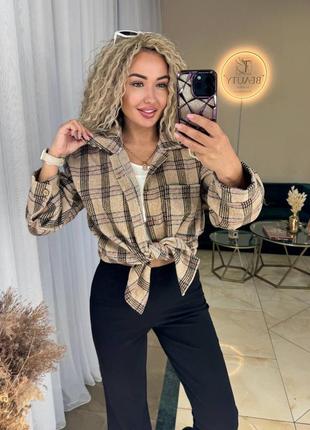 Сорочка жіноча тепла в клітинку байкова кашемірова повсякденна бежева коричнева зелена чорна блакитна осіння демісезонна батал оверсайз2 фото