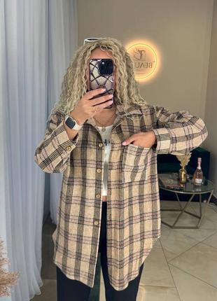 Сорочка жіноча тепла в клітинку байкова кашемірова повсякденна бежева коричнева зелена чорна блакитна осіння демісезонна батал оверсайз4 фото