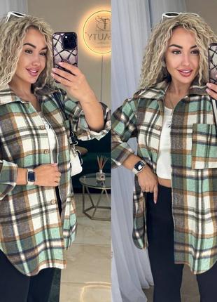 Сорочка жіноча тепла в клітинку байкова кашемірова повсякденна бежева коричнева зелена чорна блакитна осіння демісезонна батал оверсайз7 фото