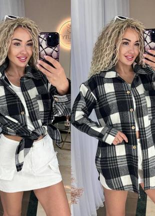 Сорочка жіноча тепла в клітинку байкова кашемірова повсякденна бежева коричнева зелена чорна блакитна осіння демісезонна батал оверсайз8 фото