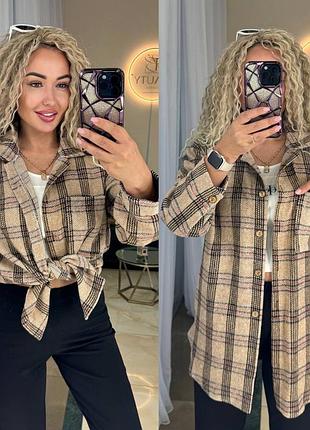 Сорочка жіноча тепла в клітинку байкова кашемірова повсякденна бежева коричнева зелена чорна блакитна осіння демісезонна батал оверсайз5 фото
