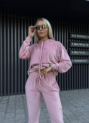 Велюровый спортивный костюм женский базовый с капюшоном повседневный серый розовый зеленый брюки джоггеры худи батал осенний демисезонный