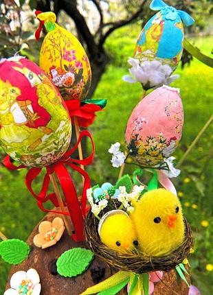 Пасхальный декор яйцо пасхальное на палочке с бантиком жёлтое