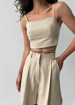 Льняной топ с завязками бежевый