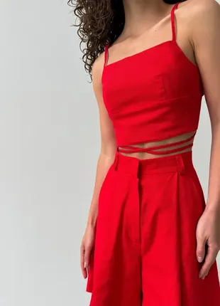 Льняной топ с завязками красный