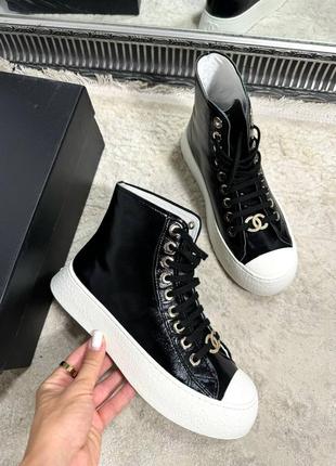 Кеды женские кожаные лаковые черные высокие брендовые