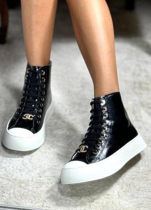 Кеды женские кожаные лаковые черные высокие брендовые