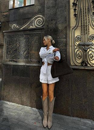 Костюм из натуральной ткани с шортами и удлиненной рубашкой4 фото