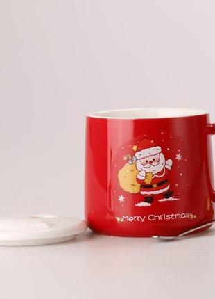 Чашка керамічна merry christmas 400 мл з кришкою та ложкою чашка з кришкою червоний2 фото
