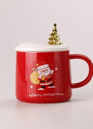 Чашка керамічна merry christmas 400 мл з кришкою та ложкою чашка з кришкою червоний