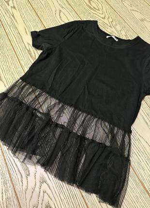 Черная футболка zara с фатином3 фото