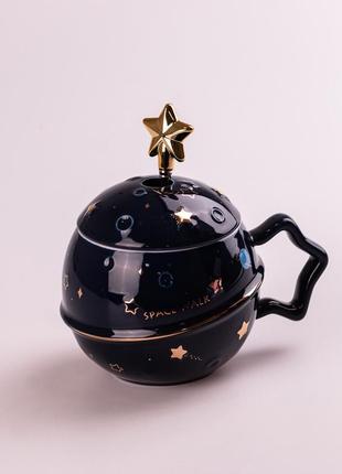 Чашка керамическая space walk 500мл с крышкой и ложкой чашка с крышкой чашки для кофе синий ep