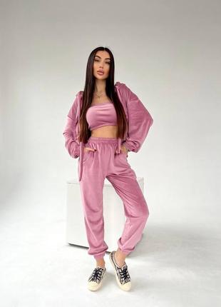 Костюм 3-ка / костюм велюровый плюш / костюм женский брюки кофта и топ / комплект тройка / стильный женский костюм велюровый / есть обмен