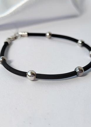 Браслет на руку каучук зі вставками 18 см товщина 2 мм зі срібним замком срібло 925 проби 47108