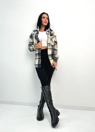Женская теплая рубашка в клетку с капюшоном флис осень зима деми весна