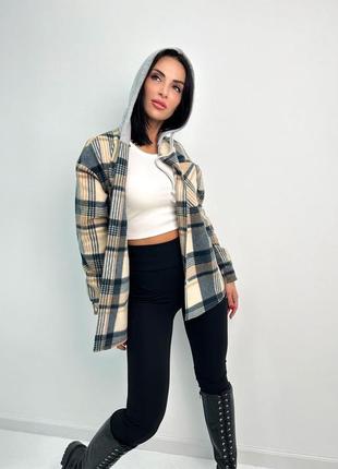 Женская теплая рубашка в клетку с капюшоном флис осень зима деми весна