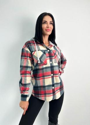 Женская теплая рубашка в клетку с капюшоном флис осень зима деми весна