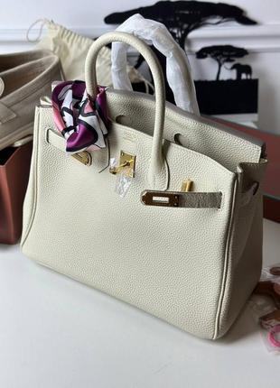 Сумка женская кожаная бежевая молочная шоппер деловая birkin 25 см