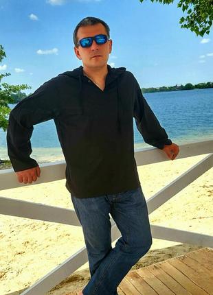 Мужская хлопковая пляжная черная туника с длинными рукавами и капюшоном, для отдыха и рыбалки.