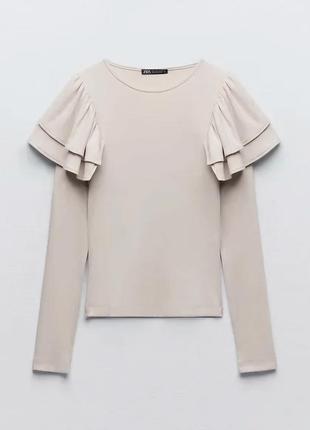 Лонгслів з воланами базовий бежевий беж zara лонгслив с воланами базовый бежевый в рубчик