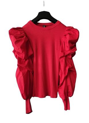 Лонгслив в рубчик с объемным рукавом блуза объемный рукав италия new collection лонг в рубчик лонг блуза бохо