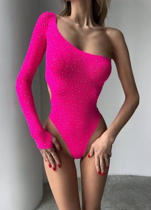 Розовый боди в сеточку с стразами ❤️ одежда для танцев ❤️ боди на одно плечо