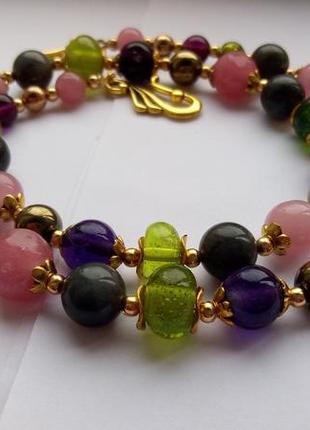 Намисто, різнобарвне скло лобпворк, натуральний лабрадор, гематит