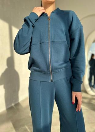 ‼️не кошлатиться‼️жіночий спортивний костюм двійка брюки + бомбер, спортивний костюм тринитка петля 95% бавовна, костюм з брюками палаццо, 7454 фото