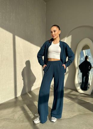 ‼️не кошлатиться‼️жіночий спортивний костюм двійка брюки + бомбер, спортивний костюм тринитка петля 95% бавовна, костюм з брюками палаццо, 7456 фото