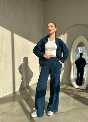 ‼️не кошлатиться‼️жіночий спортивний костюм двійка брюки + бомбер, спортивний костюм тринитка петля 95% бавовна, костюм з брюками палаццо, 7452 фото