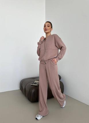 ‼️не кошлатиться‼️женский спортивный костюм двойка брюки + бомбер, спортивный костюм трехнитка петля 95% хлопок, костюм с брюками палаццо, 745