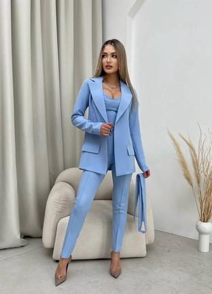 Костюм трійка штани + топ + піджак на поясі, жіночий брючний костюм з піджаком, костюм у діловому стилі, 13672 фото