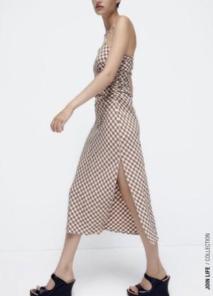 Платье в клетку с разрезом на тонких перекрестных бретелях на спине zara