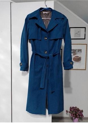 Тренч синій,пальто з поясом,плащ