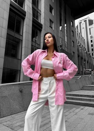 Рубашка из льна оверсайз удлиненная на пуговицах рубашка розовая легкая летняя трендовая стильная