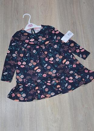Платье f&f 12-18 мес. 86 платьице с длинным рукавом на девочку красивое цветочки классное хлопковое хлопок детское с рюшиками рюшами