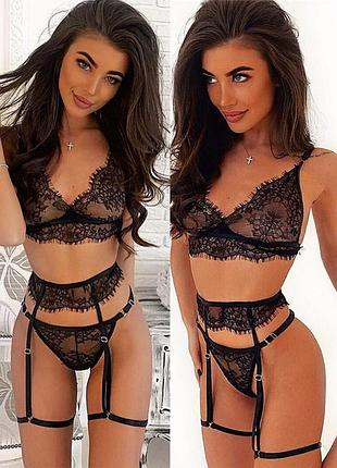 Эротический кружевной комплект с портупеей и подвязками для чулок  – эротическое бельё