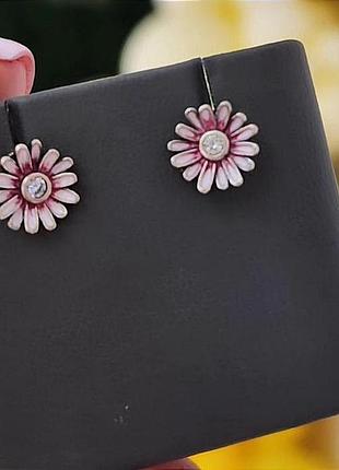 Милые серебряные пусеты цветочки с эмалью