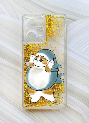 Чехол с плавающими блестками на xiaomi redmi note 12 pro plus золотой :: котенок акула (принт 379)